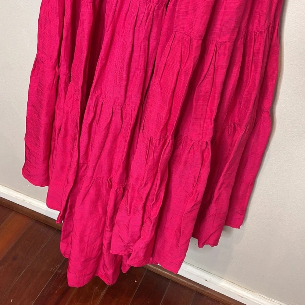 Anthropologie Let Me Be Cutout Tiered Dress‎ Open Back Maxi Hot Pink Extra-Small